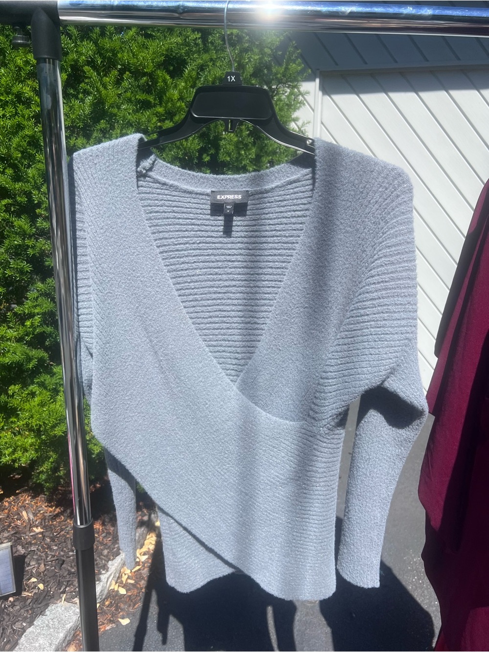 Express Gray V-Neck Wrap Knit Sweater